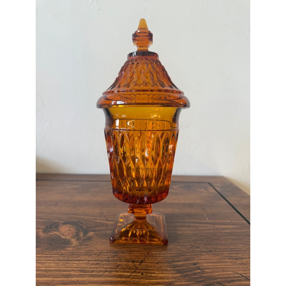 Vintage Amber Glass Apothecary Jar Pedestal Candy Dish with Lid Diamond Pattern